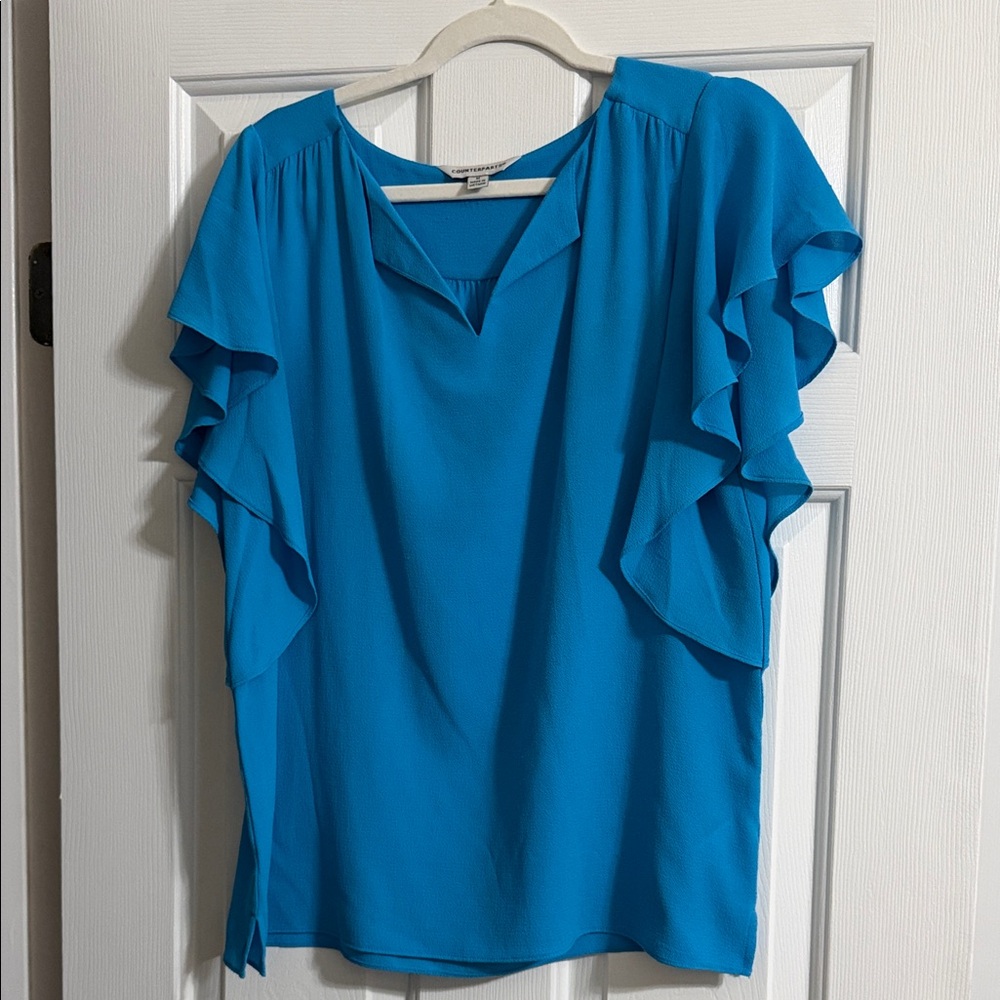 Counterparts Women's Blue Ruffle Sleeve Split Hem V Neck Blouse Size Medium